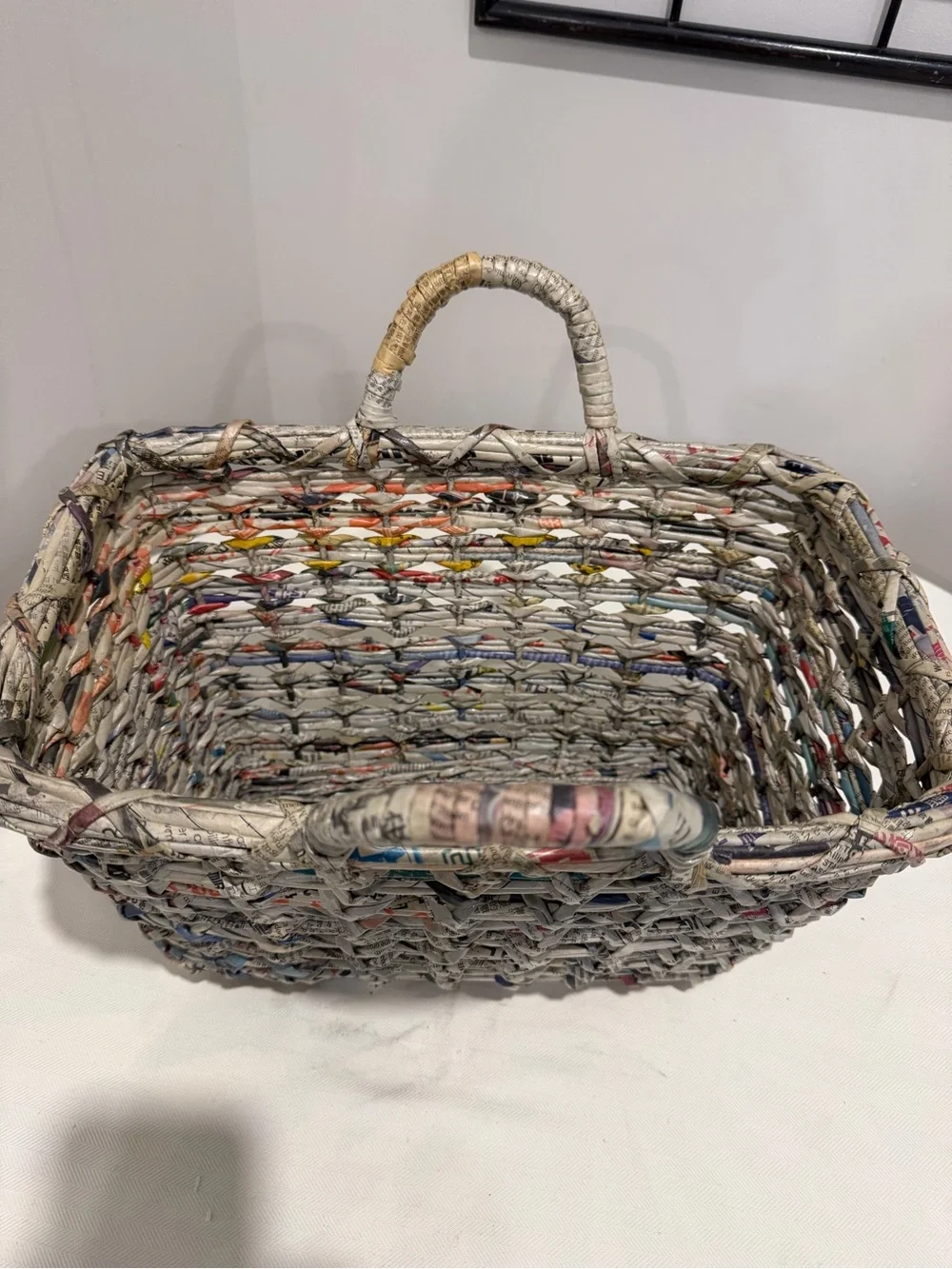 Hand Crafted Multi-Color Woven Newspaper Basket with Gray Tones
